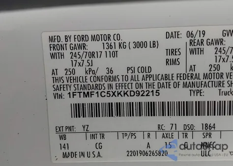 2019 Ford F-150 Xl z USA, uszkodzony, nr VIN 1FTMF1C5XKKD92215